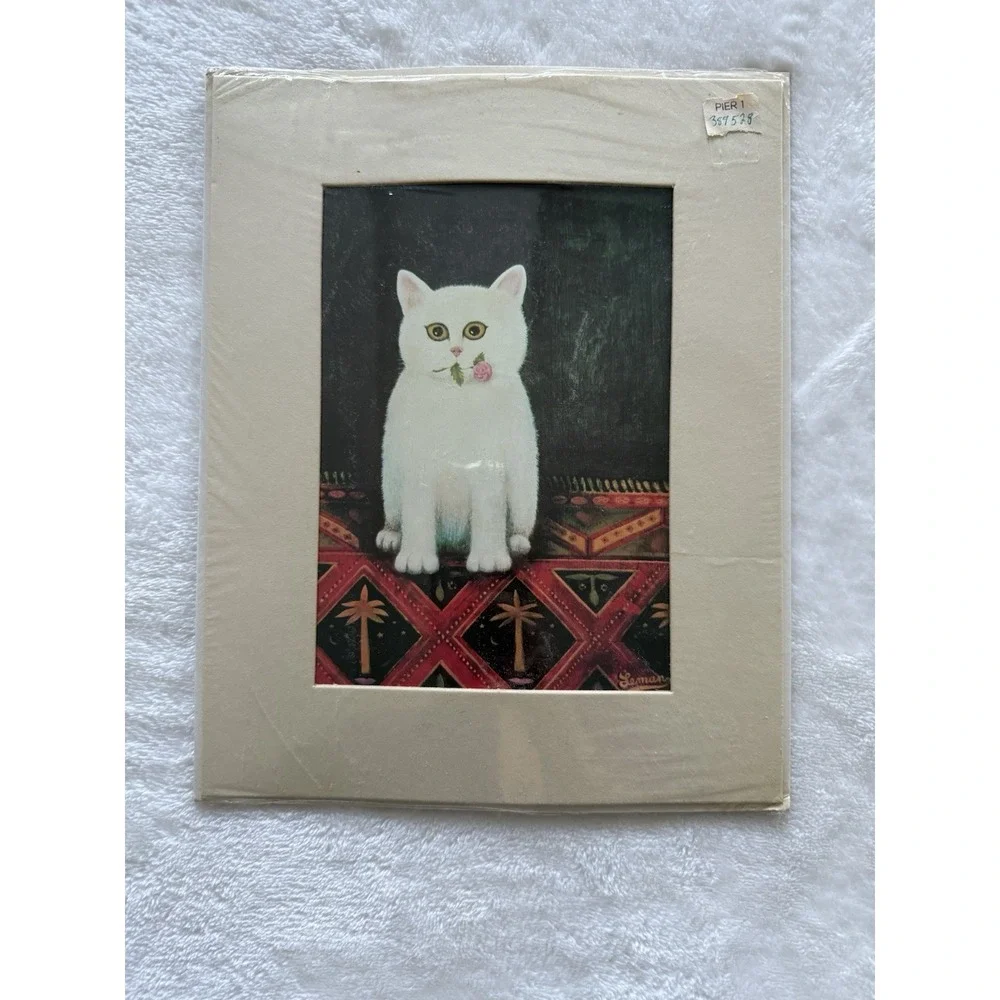 Vintage Folk Art Tile Trivet MCM Decor Martin Leman White Cat Rosebud Unopened